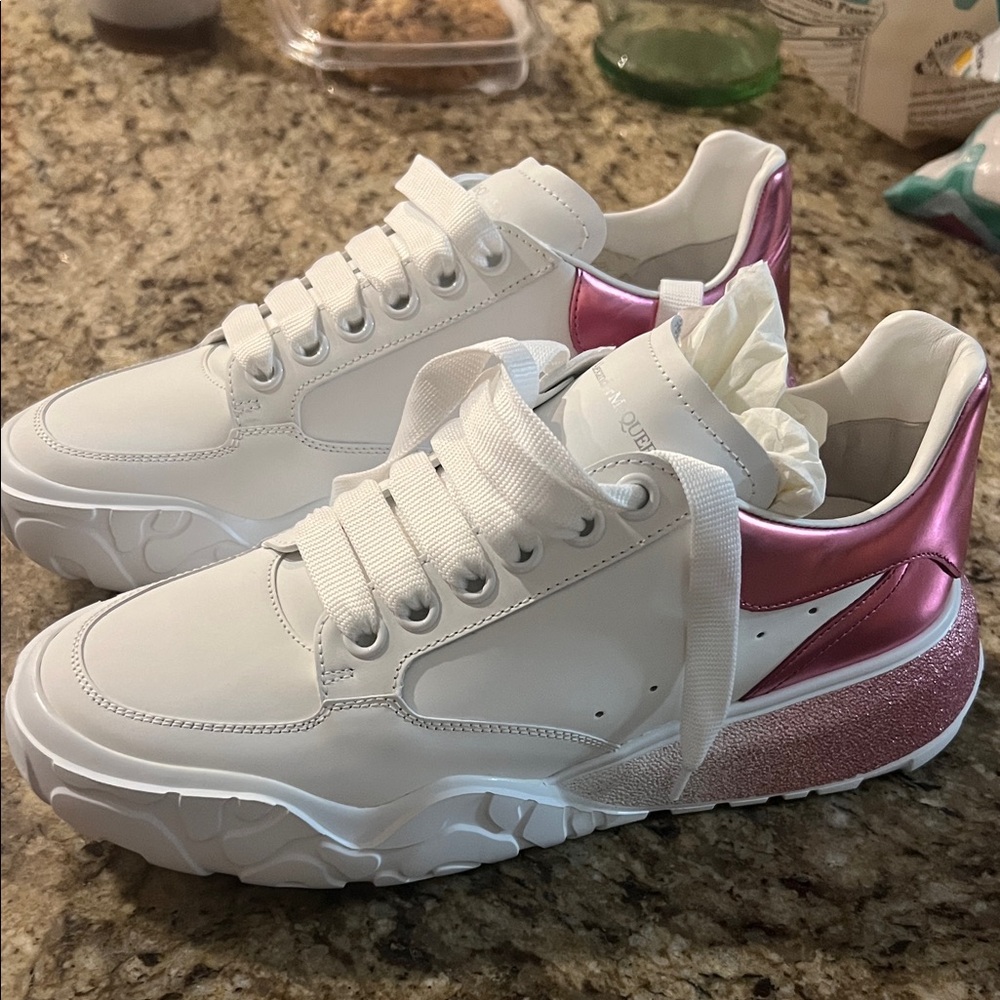 Alexander McQueen White Sneakers with Metallic Pink Heel